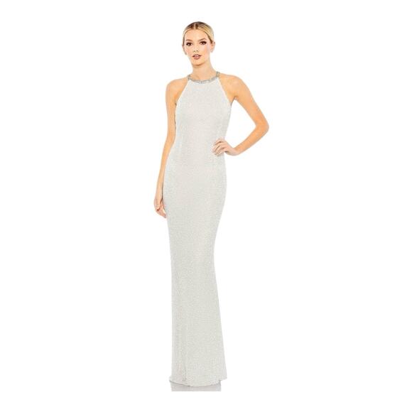 Mac Duggal Beaded Halter Neck Column Sheath Gown Sleeveless White Bridal Sz 14 - Picture 1 of 16